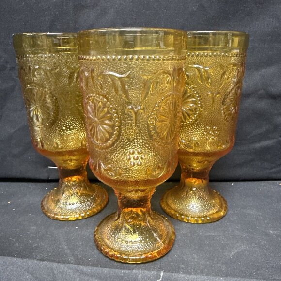 Brockway Glass Concord Amber Water Goblets Set Of 3 Vintage Textured Glass 6.5 I - Picture 2 of 4